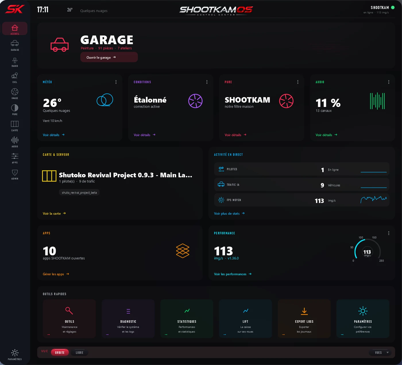 Écran d'accueil de SHOOTKAM OS : garage, météo, activité en direct, performances.
